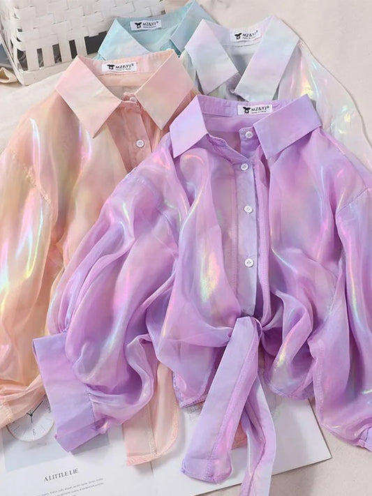 Buttoned Up Shirt Shirts Women Half Sleeve Shinning Sparkles Tied Waist Sexy Blouses For Women 2025 Autumn