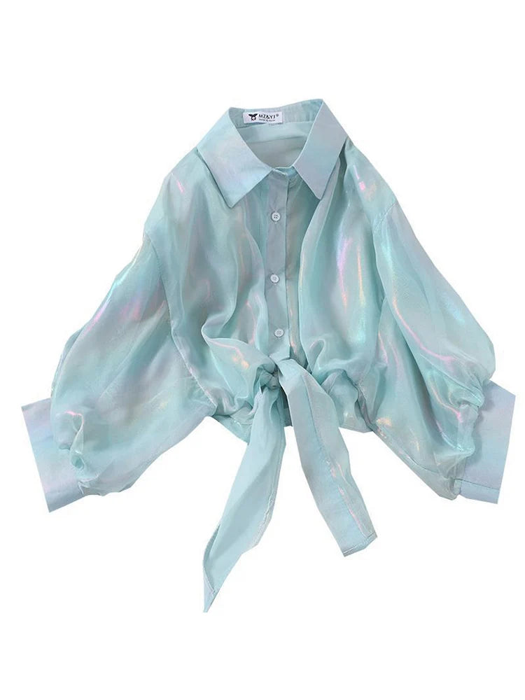 Buttoned Up Shirt Shirts Women Half Sleeve Shinning Sparkles Tied Waist Sexy Blouses For Women 2025 Autumn