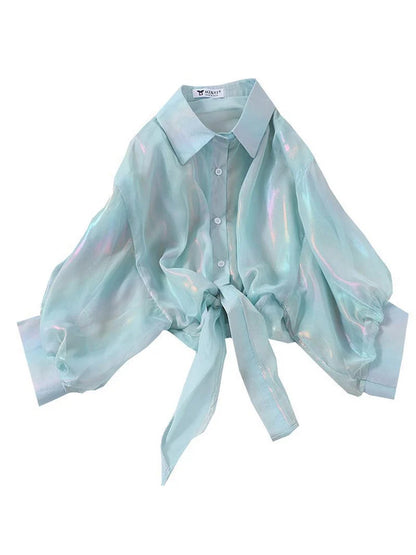 Buttoned Up Shirt Shirts Women Half Sleeve Shinning Sparkles Tied Waist Sexy Blouses For Women 2025 Autumn