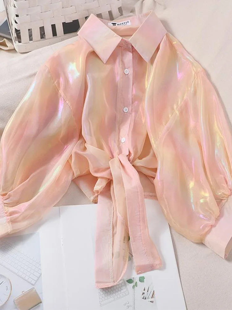 Buttoned Up Shirt Shirts Women Half Sleeve Shinning Sparkles Tied Waist Sexy Blouses For Women 2025 Autumn