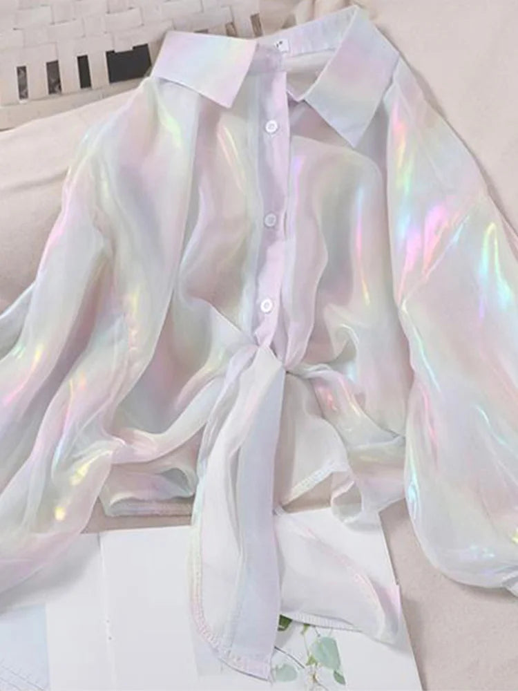 Buttoned Up Shirt Shirts Women Half Sleeve Shinning Sparkles Tied Waist Sexy Blouses For Women 2025 Autumn