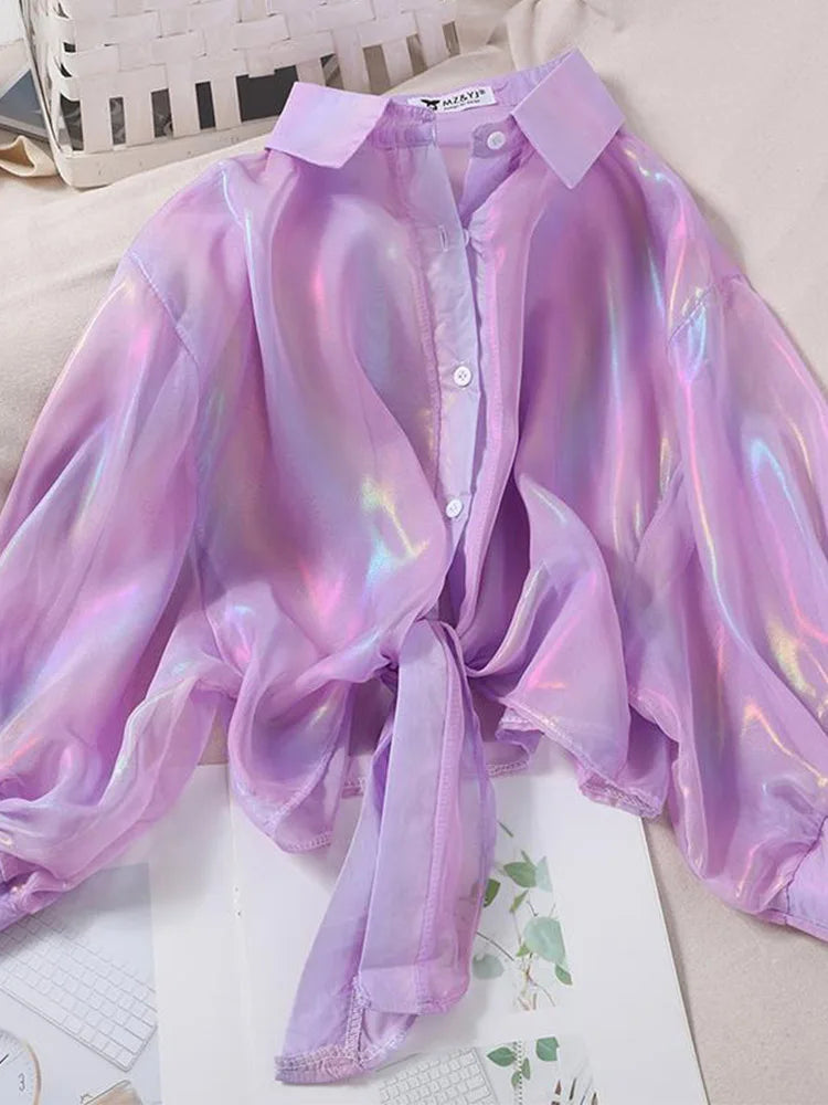 Buttoned Up Shirt Shirts Women Half Sleeve Shinning Sparkles Tied Waist Sexy Blouses For Women 2025 Autumn