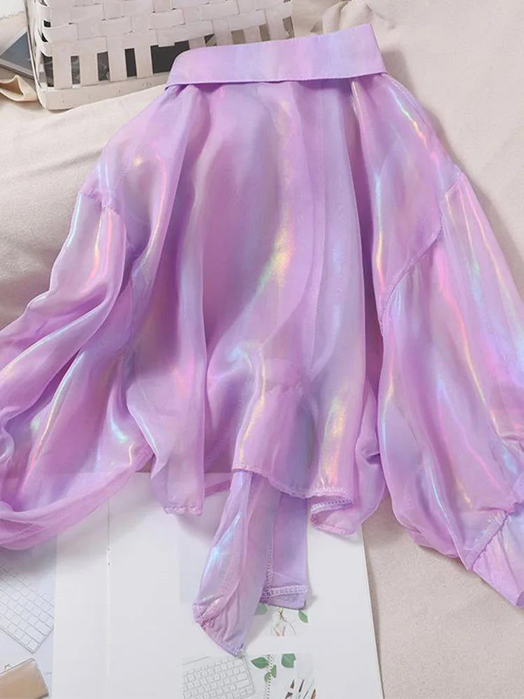 Buttoned Up Shirt Shirts Women Half Sleeve Shinning Sparkles Tied Waist Sexy Blouses For Women 2025 Autumn