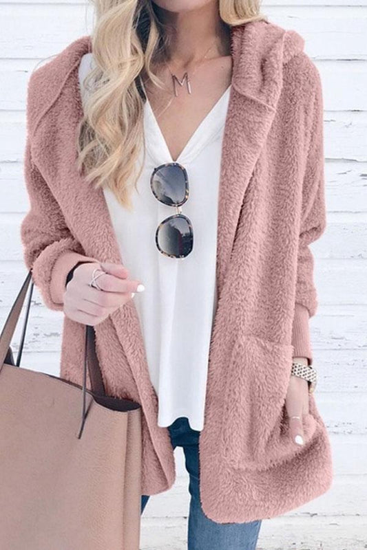Solid Color Plush Cap Long Sleeve Cardigan Coat