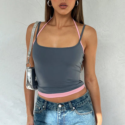 2025 Spring New Adjustable Straps Halter Clash Color Fake Two Piece Square Neck Backless Solid Hottie Girl Style Top