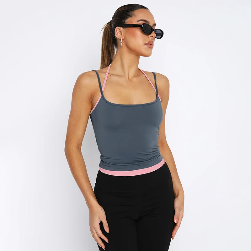 2025 Spring New Adjustable Straps Halter Clash Color Fake Two Piece Square Neck Backless Solid Hottie Girl Style Top