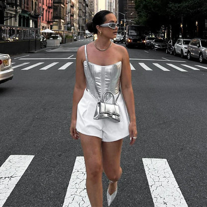 Chaleco metálico para mujer, top sexy ajustado con corsé, camisa de fondo, vendaje en la cintura, ropa de calle para chicas atractivas, primavera 2025