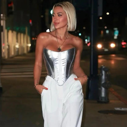 Chaleco metálico para mujer, top sexy ajustado con corsé, camisa de fondo, vendaje en la cintura, ropa de calle para chicas atractivas, primavera 2025