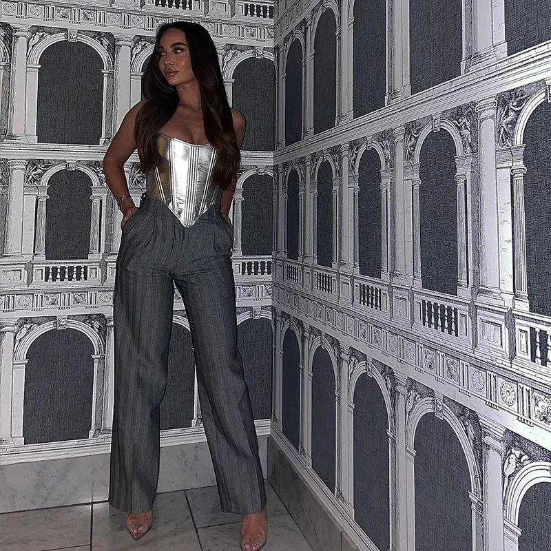 Chaleco metálico para mujer, top sexy ajustado con corsé, camisa de fondo, vendaje en la cintura, ropa de calle para chicas atractivas, primavera 2025