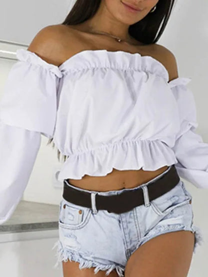 Candy Color Off Shoulder Crop Tops women Summer dot print lantern sleeve shirts Lady Sexy Slash neck beach blouse