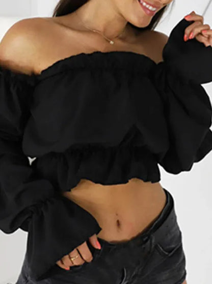 Candy Color Off Shoulder Crop Tops women Summer dot print lantern sleeve shirts Lady Sexy Slash neck beach blouse