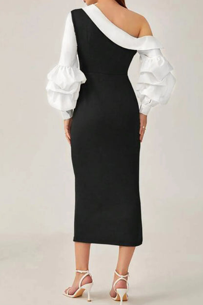 Carlita Black and White Asymmetric Lantern Sleeve Slit Maxi Dress