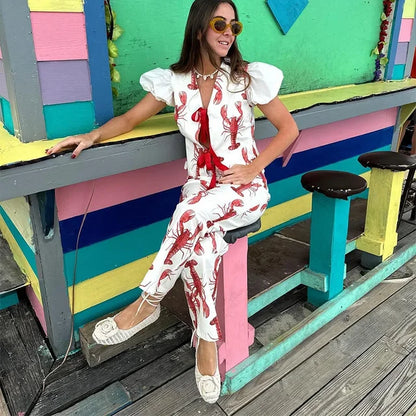 Conjunto de pantalones largos con estampado de dibujos animados para mujer, camiseta de manga corta, pantalones de pierna ancha y cintura alta, conjunto de 2 piezas, verano 2025