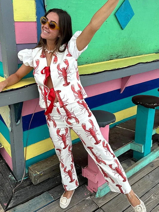 Conjunto de pantalones largos con estampado de dibujos animados para mujer, camiseta de manga corta, pantalones de pierna ancha y cintura alta, conjunto de 2 piezas, verano 2025