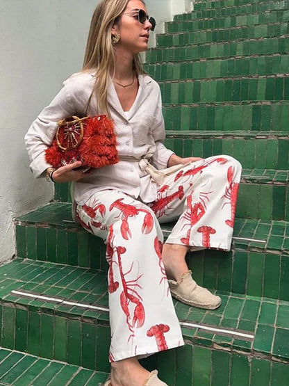 Conjunto de pantalones largos con estampado de dibujos animados para mujer, camiseta de manga corta, pantalones de pierna ancha y cintura alta, conjunto de 2 piezas, verano 2025