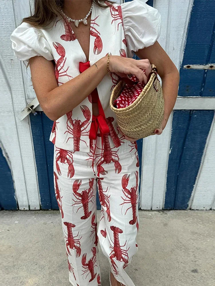 Conjunto de pantalones largos con estampado de dibujos animados para mujer, camiseta de manga corta, pantalones de pierna ancha y cintura alta, conjunto de 2 piezas, verano 2025