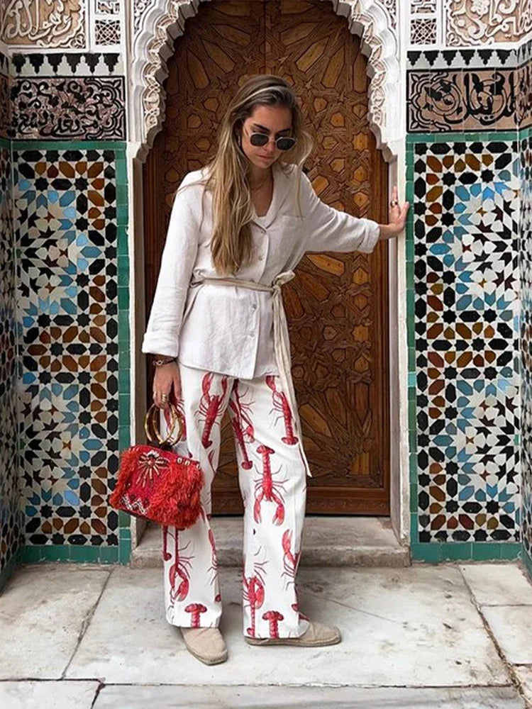 Conjunto de pantalones largos con estampado de dibujos animados para mujer, camiseta de manga corta, pantalones de pierna ancha y cintura alta, conjunto de 2 piezas, verano 2025