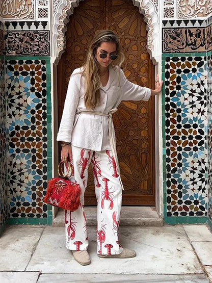 Conjunto de pantalones largos con estampado de dibujos animados para mujer, camiseta de manga corta, pantalones de pierna ancha y cintura alta, conjunto de 2 piezas, verano 2025