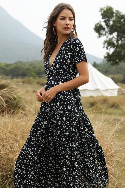 Cotton Ruffle Floral Bohemian Dress Blue