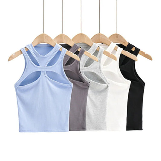Girls New Asymmetrical Hollow Solid Color Knitted Round Neck Short-sleeved Summer Sexy Vest on The Chest