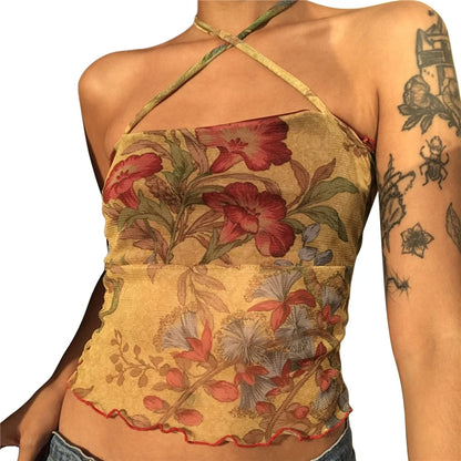 Camiseta floral transparente de malla Y2K para mujer, estilo E-girl, años 90, estilo vintage, estilo halter, sin mangas, corte entallado, estilo Harajuku, ropa de calle