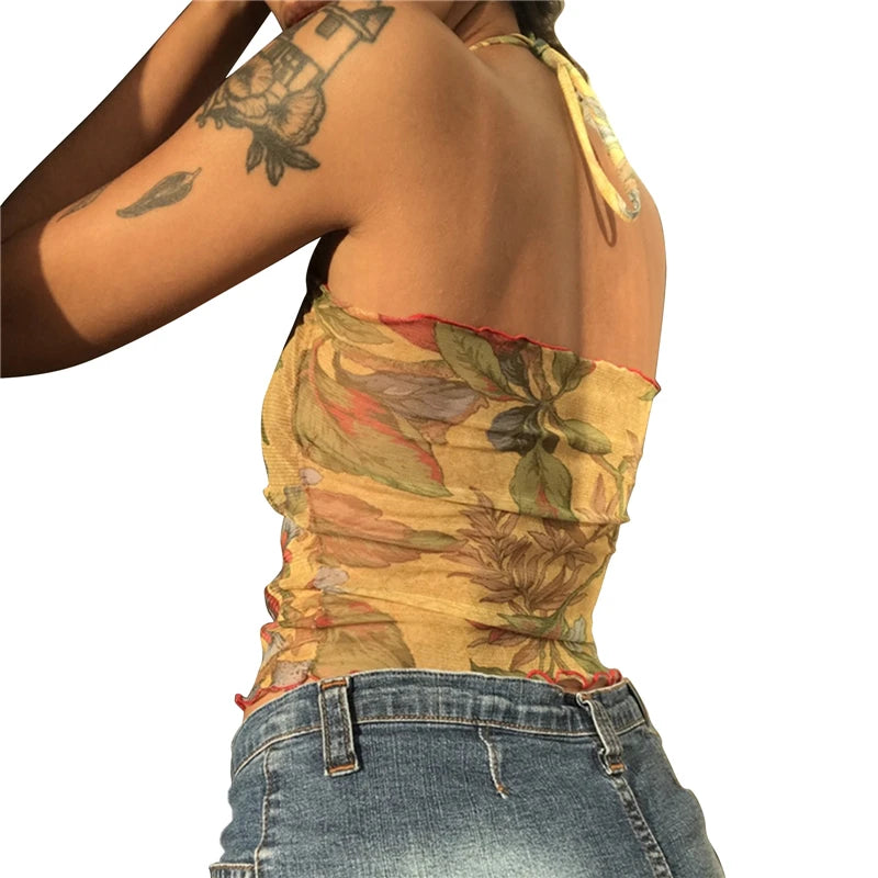Camiseta floral transparente de malla Y2K para mujer, estilo E-girl, años 90, estilo vintage, estilo halter, sin mangas, corte entallado, estilo Harajuku, ropa de calle
