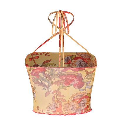 Camiseta floral transparente de malla Y2K para mujer, estilo E-girl, años 90, estilo vintage, estilo halter, sin mangas, corte entallado, estilo Harajuku, ropa de calle