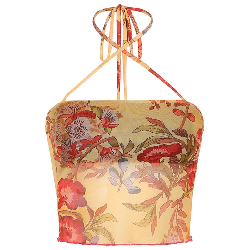 Camiseta floral transparente de malla Y2K para mujer, estilo E-girl, años 90, estilo vintage, estilo halter, sin mangas, corte entallado, estilo Harajuku, ropa de calle