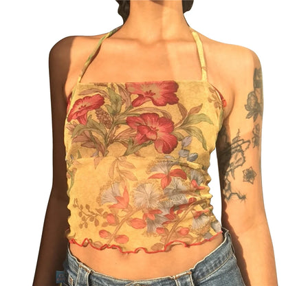 Camiseta floral transparente de malla Y2K para mujer, estilo E-girl, años 90, estilo vintage, estilo halter, sin mangas, corte entallado, estilo Harajuku, ropa de calle