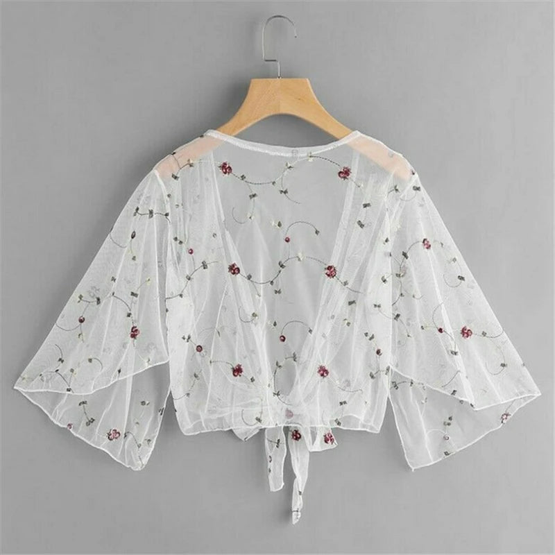 Blusas y tops de mujer, blusa floral de verano, cárdigan, ropa exterior fina, blusa ahuecada, blusa elegante femenina