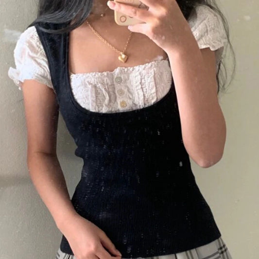 Camiseta de patchwork Y2K para mujer, estilo vintage de hadas, grunge, kawaii, de manga corta, estilo preppy, Harajuku, moda coreana.