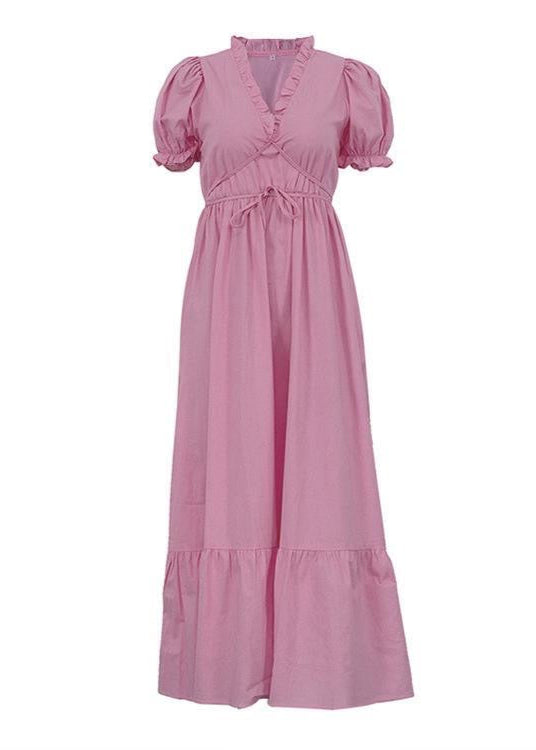 Ivory Grace - Puff Sleeve Linen Midi Dress