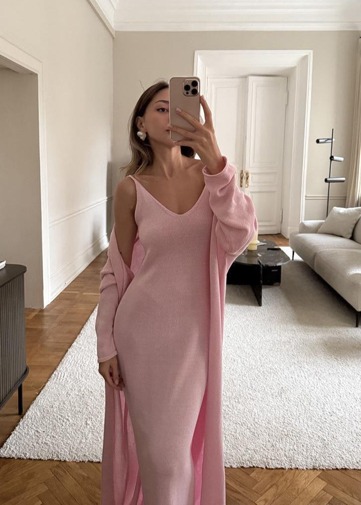 Blush Lure - Knit Maxi Dress with Cardigan Set