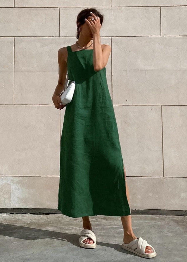 Isla Linen Midi Dress – Relaxed Fit with Side Slits