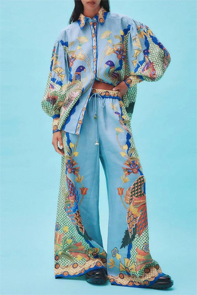 Conjunto de pantalones con solapa y hebilla con mangas farol estilo bohemio 