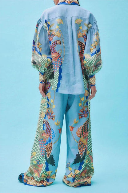 Conjunto de pantalones con solapa y hebilla con mangas farol estilo bohemio 