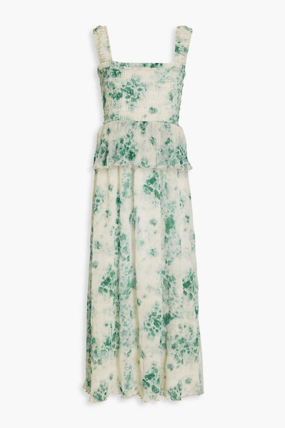 Vestido midi con volantes, cuello cuadrado y estampado abstracto 