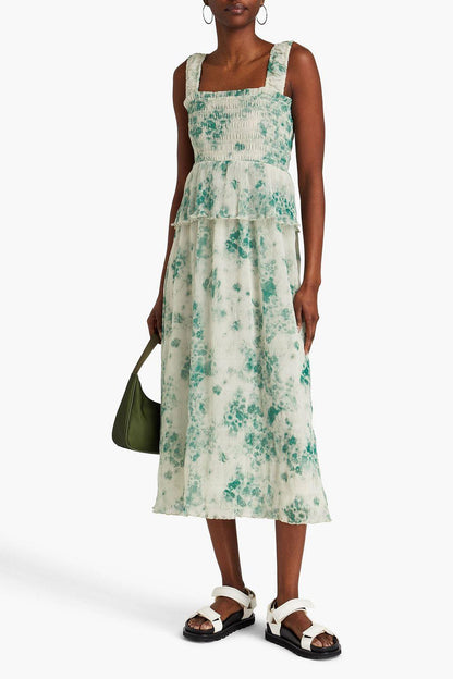 Vestido midi con volantes, cuello cuadrado y estampado abstracto 