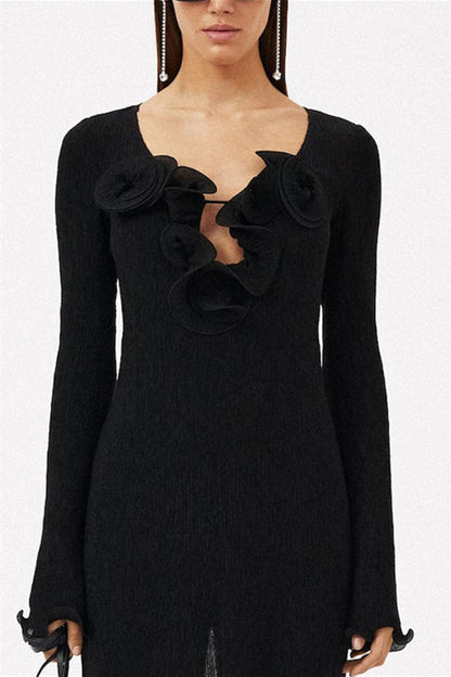 3D Flower Long Sleeve V-Neck Split Maxi Dress Black