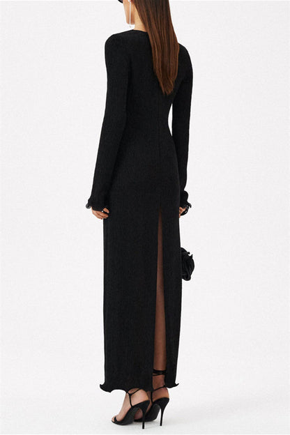 3D Flower Long Sleeve V-Neck Split Maxi Dress Black