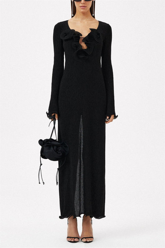 3D Flower Long Sleeve V-Neck Split Maxi Dress Black