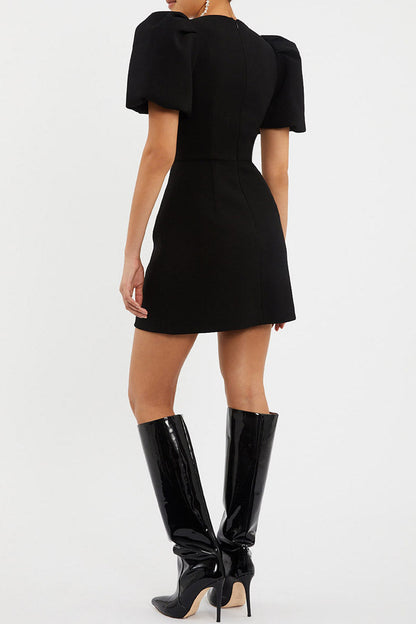 Bow Cut-Out Puff Sleeve Mini Dress