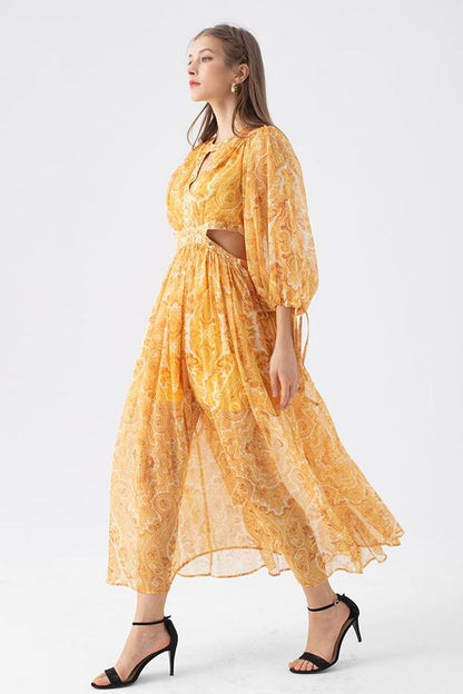 Abstract Print Long Sleeve Cut-Out Midi Dress