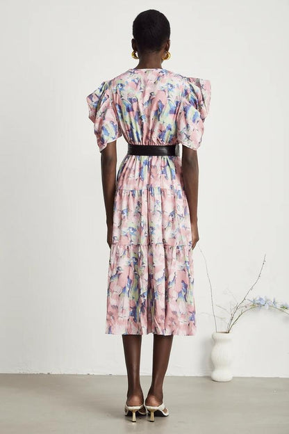 Abstract Print V-Neck Midi Dress With Belt