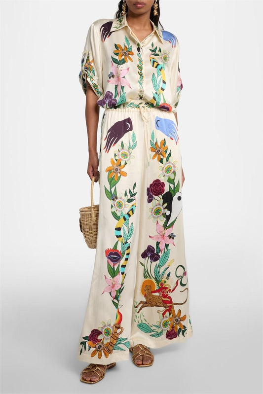 Animal Print Blouse & Mid Waist Wide Leg Pants Set