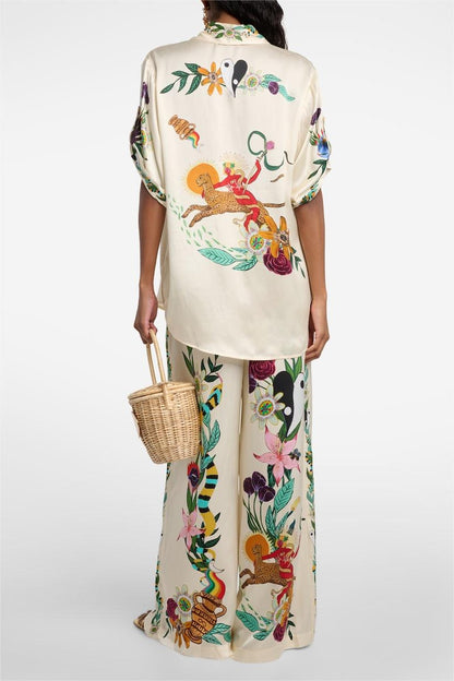 Animal Print Blouse & Mid Waist Wide Leg Pants Set