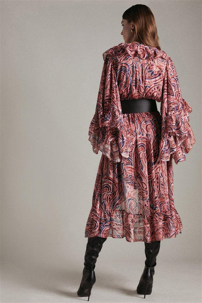 Vestido midi con cuello en V y volantes con estampado abstracto 