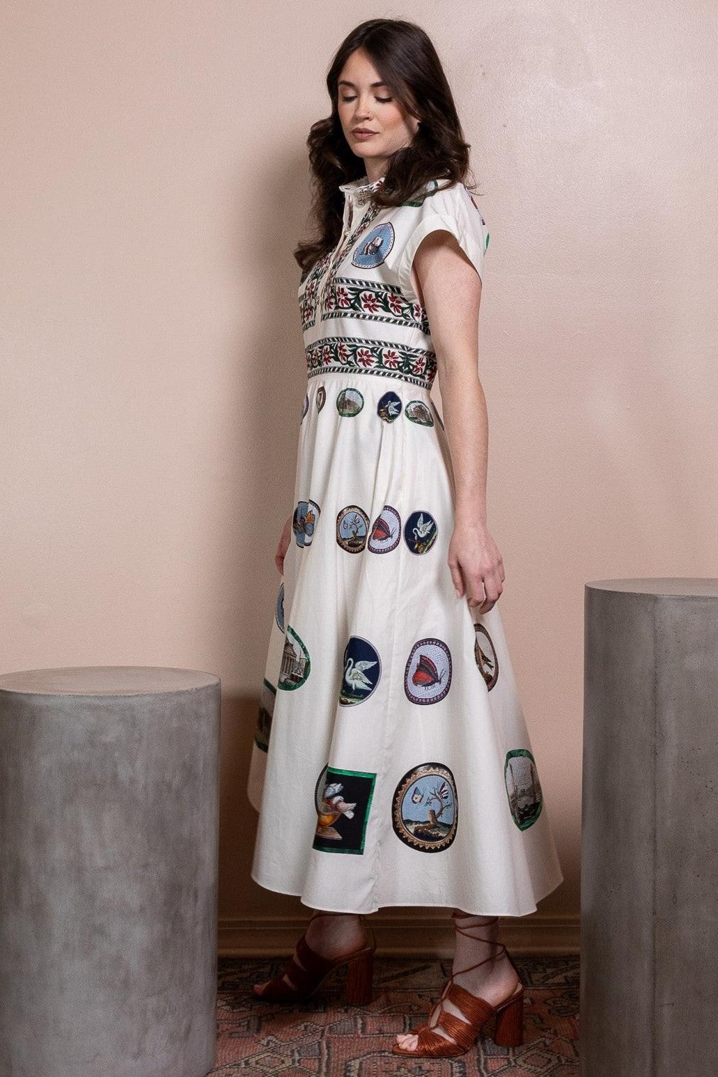 Botanical Print Shirt Collar Button Midi Dress