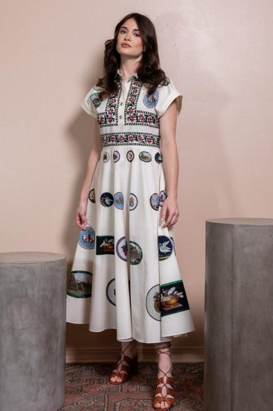 Botanical Print Shirt Collar Button Midi Dress