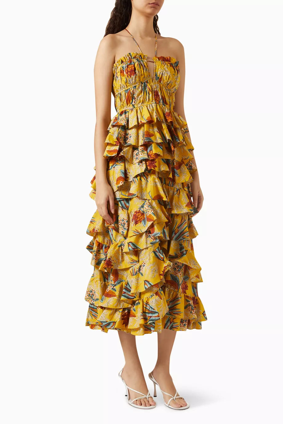 Botanical Print Ruffle Sleeveless Midi Dress